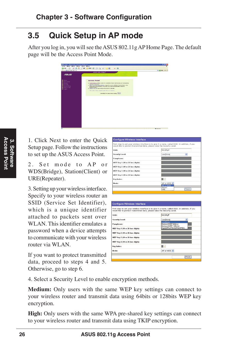  quick setup in ap mode, Chapter 3 - software configuration | Asus WL-320gP User Manual | Page 26 / 74