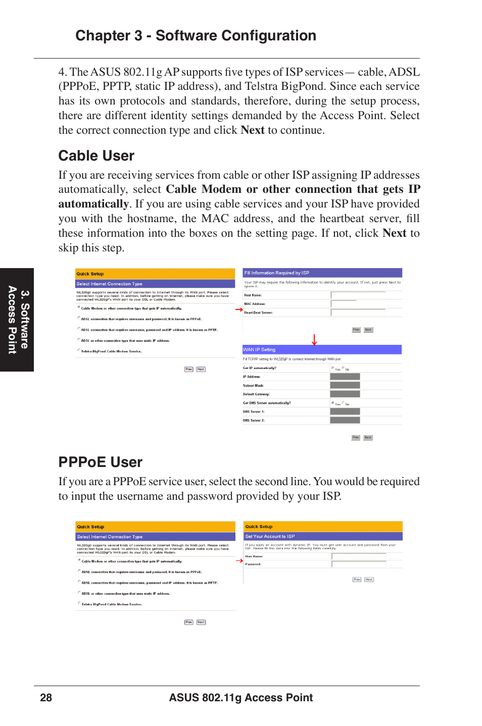 Chapter 3 - software configuration, Cable user, Pppoe user | Asus WL-320gP User Manual | Page 28 / 74