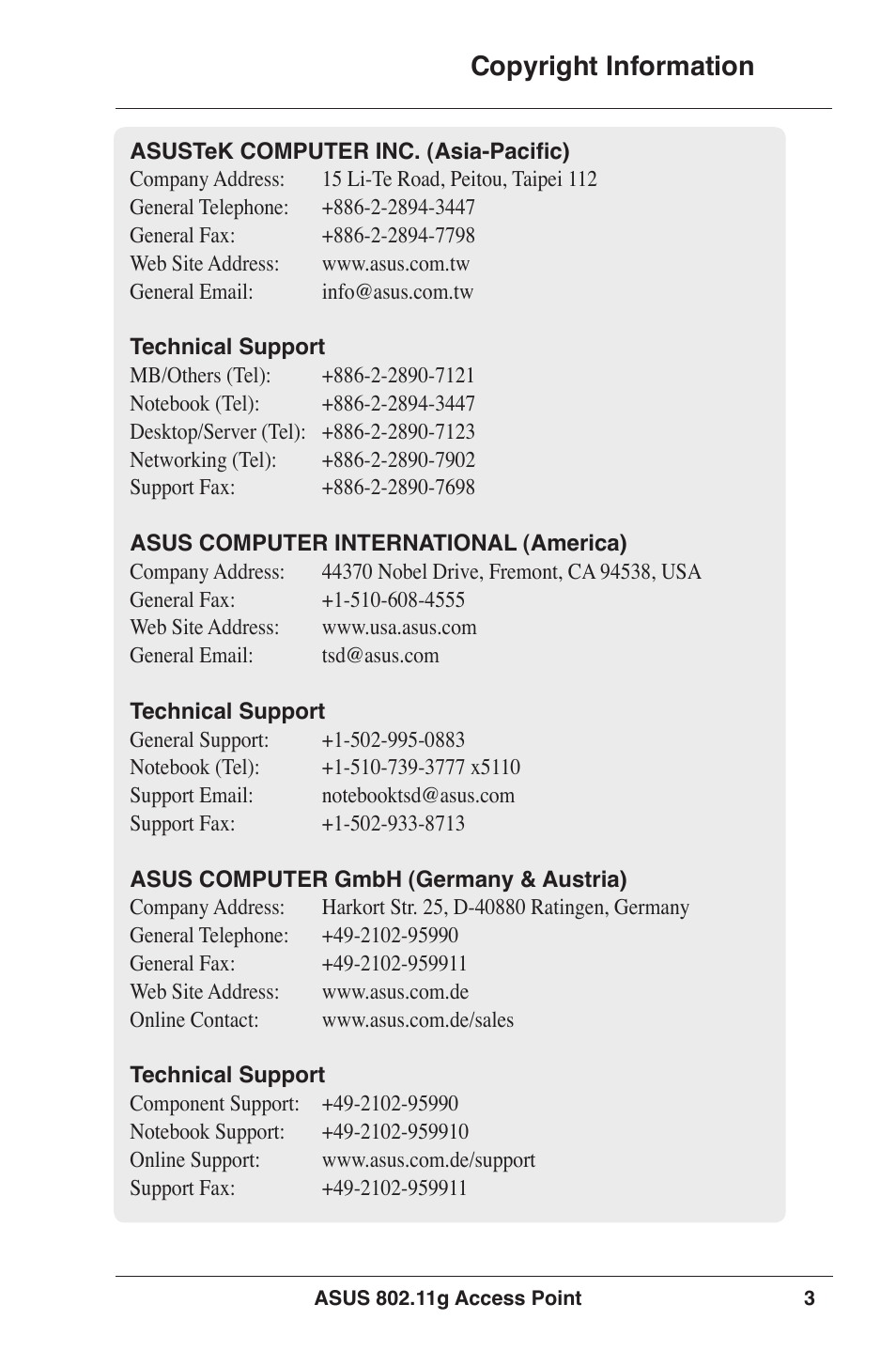 Copyright information | Asus WL-320gP User Manual | Page 3 / 74