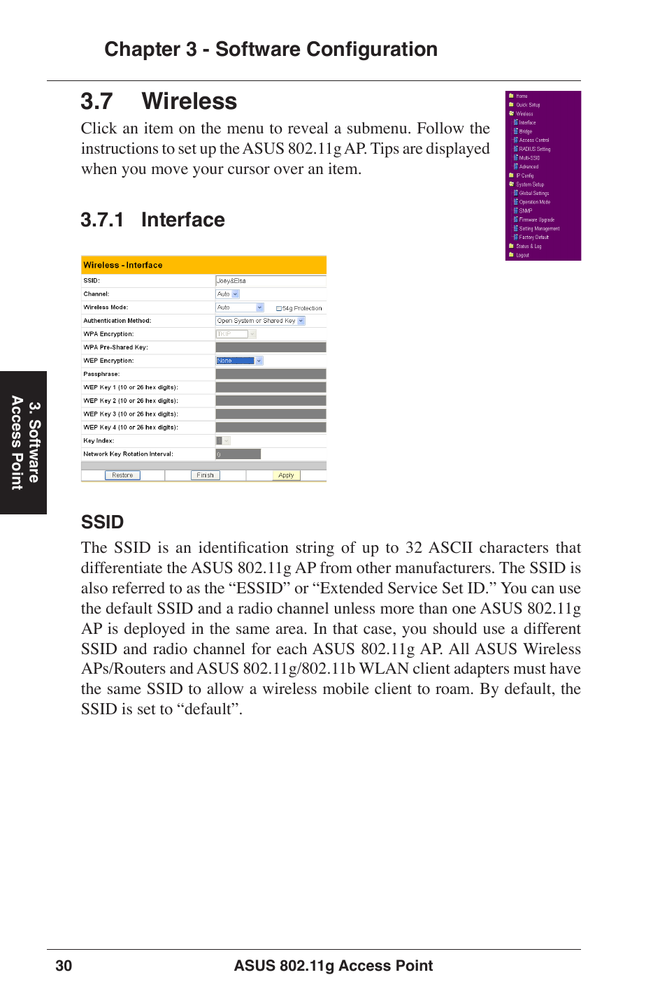 7 wireless, Chapter 3 - software configuration, 1 interface | Asus WL-320gP User Manual | Page 30 / 74