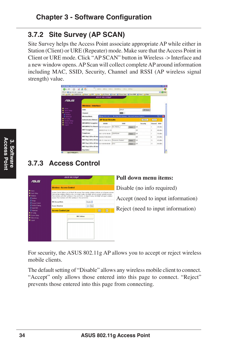 Chapter 3 - software configuration, 3 access control, 2 site survey (ap scan) | Asus WL-320gP User Manual | Page 34 / 74