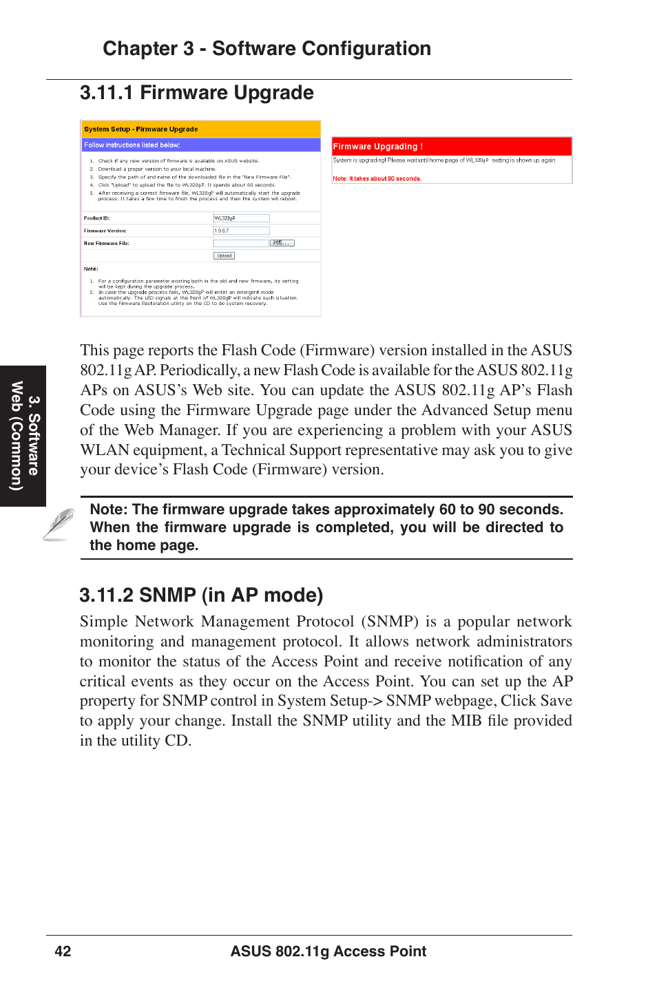 Chapter 3 - software configuration, 1 firmware upgrade, 2 snmp (in ap mode) | Asus WL-320gP User Manual | Page 42 / 74