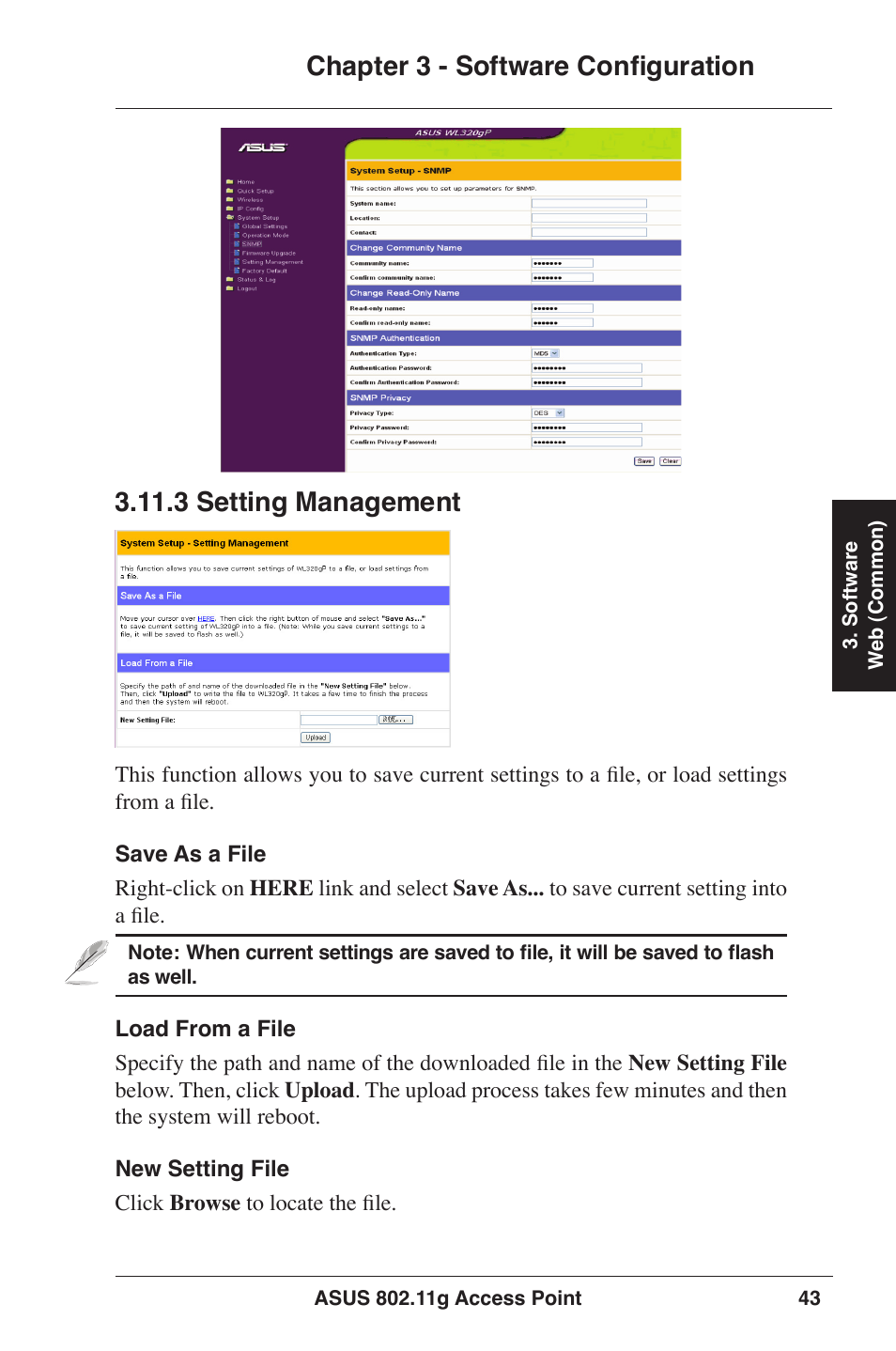 Chapter 3 - software configuration, 3 setting management | Asus WL-320gP User Manual | Page 43 / 74