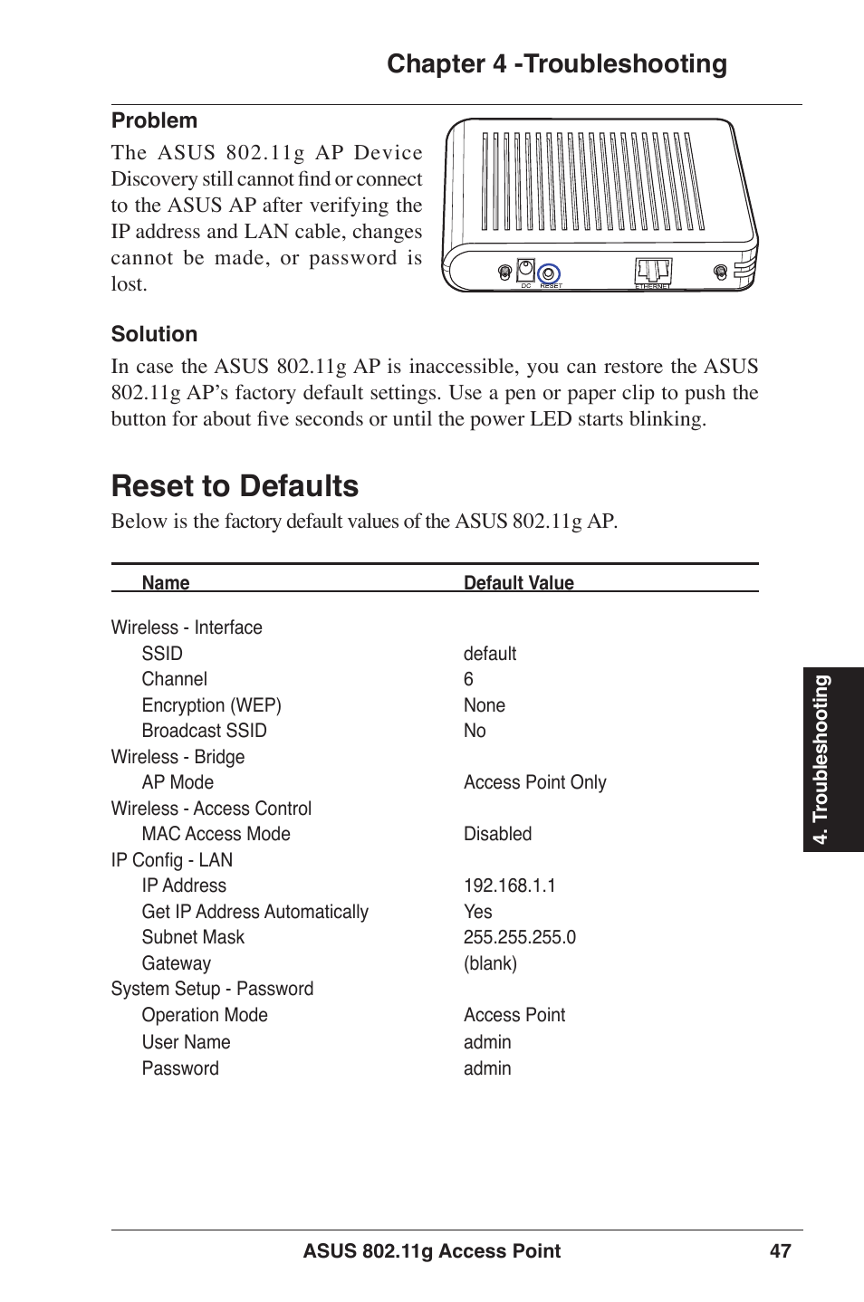 Reset to defaults, Chapter  -troubleshooting | Asus WL-320gP User Manual | Page 47 / 74