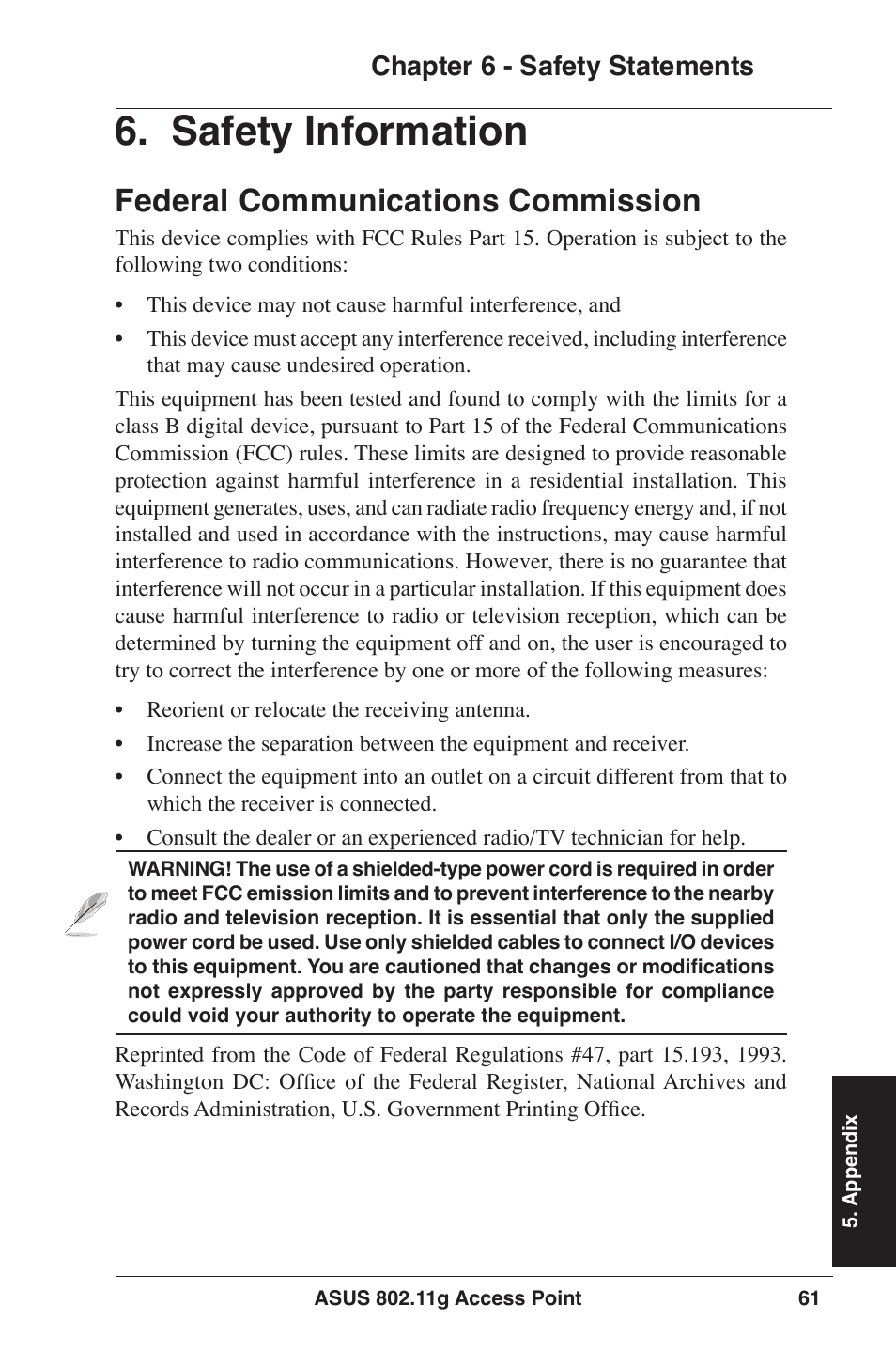 Safety information, Federal communications commission, Chapter 6 - safety statements | Asus WL-320gP User Manual | Page 61 / 74