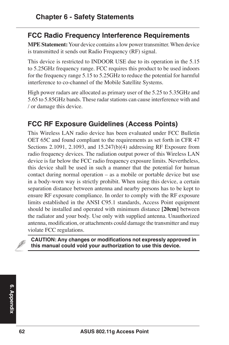 Fcc rf exposure guidelines (access points) | Asus WL-320gP User Manual | Page 62 / 74