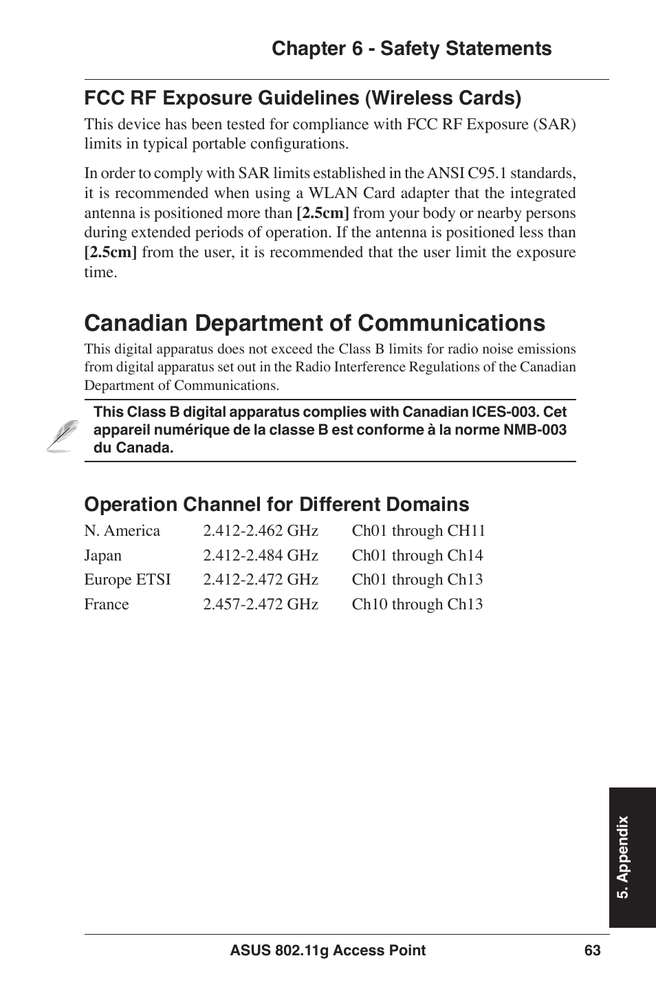 Canadian department of communications, Operation channel for different domains | Asus WL-320gP User Manual | Page 63 / 74