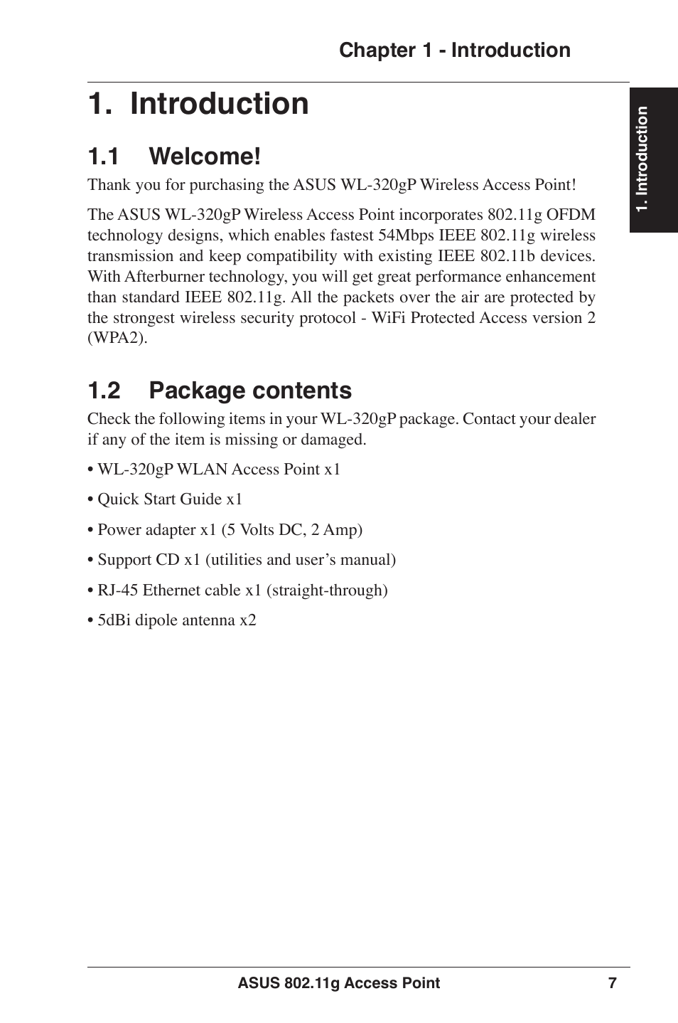 Introduction, 1 welcome, 2 package contents | Asus WL-320gP User Manual | Page 7 / 74