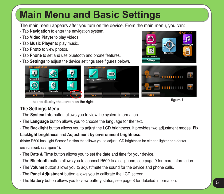 Main menu and basic settings | Asus R600 User Manual | Page 5 / 10