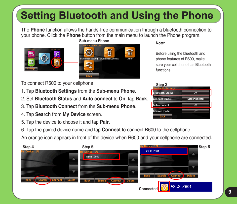 Setting bluetooth and using the phone | Asus R600 User Manual | Page 9 / 10