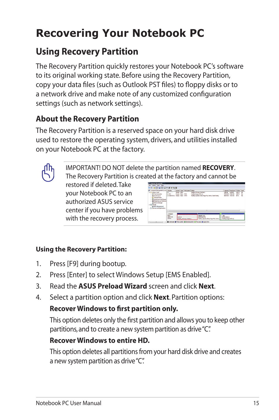 Recovering your notebook pc, Using recovery partition | Asus N90SV User Manual | Page 15 / 26