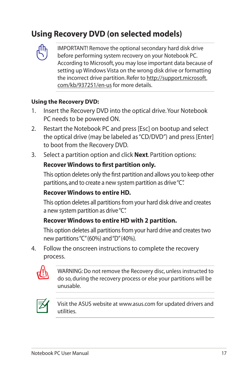 Using recovery dvd (on selected models) | Asus N90SV User Manual | Page 17 / 26