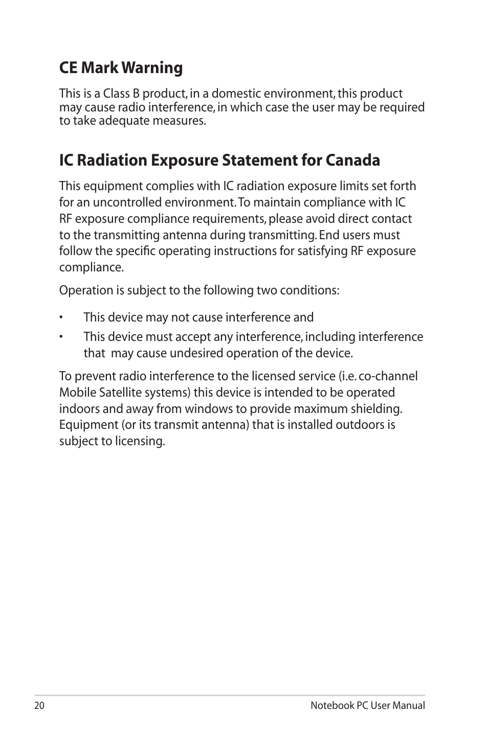 Ce mark warning, Ic radiation exposure statement for canada | Asus N90SV User Manual | Page 20 / 26