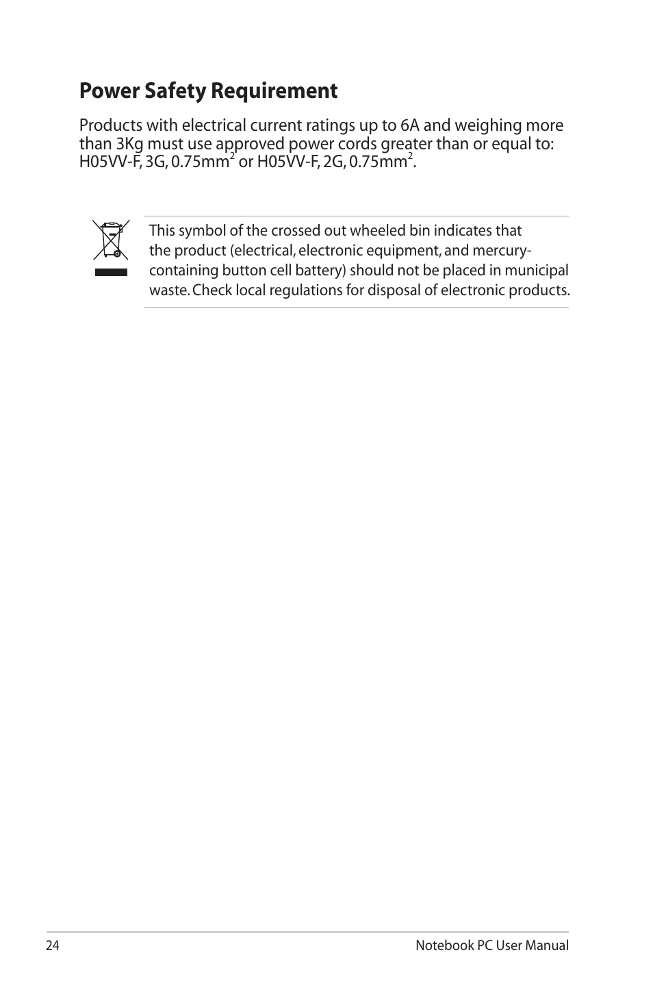 Power safety requirement | Asus N90SV User Manual | Page 24 / 26