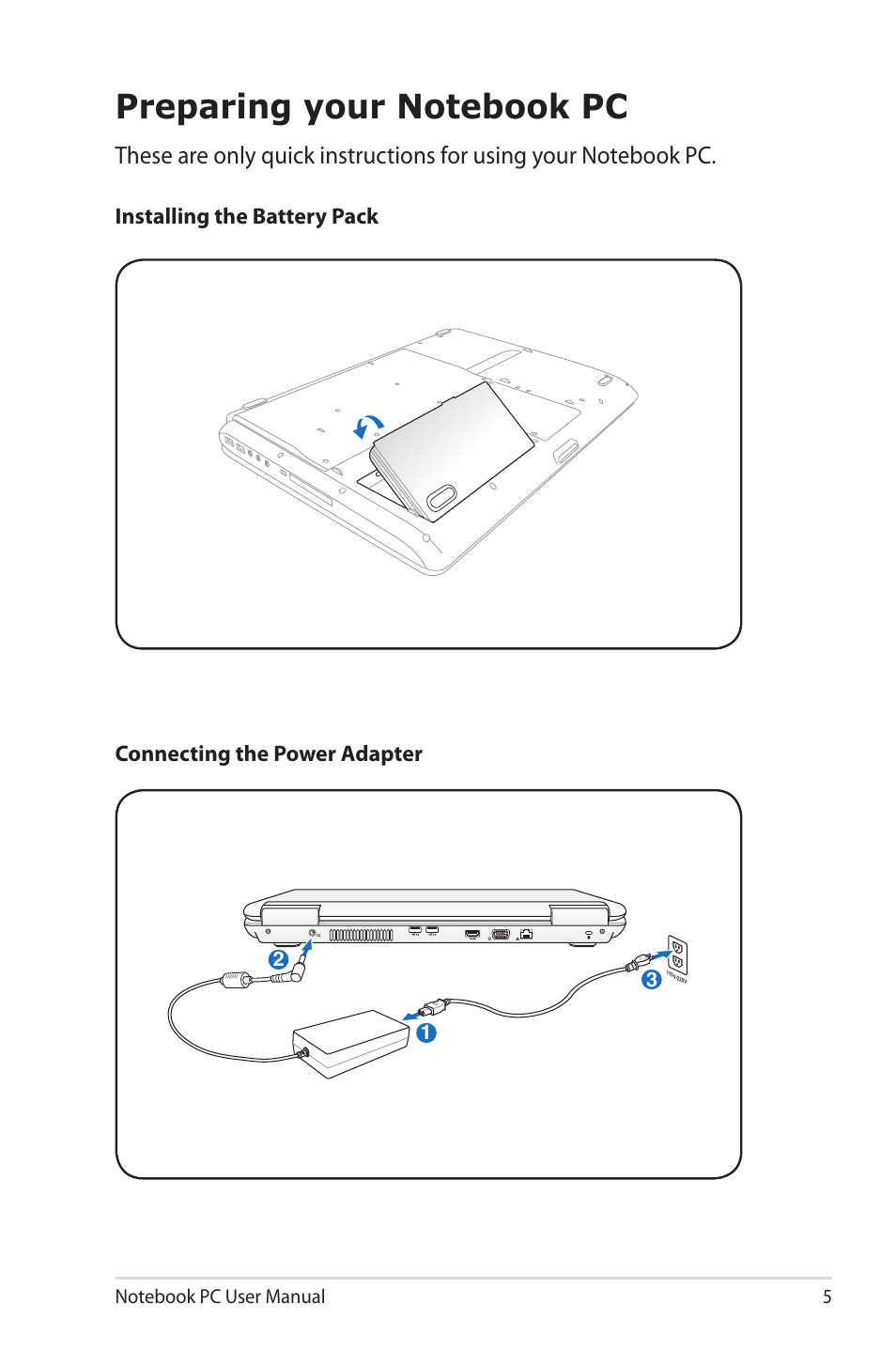 Preparing your notebook pc | Asus N90SV User Manual | Page 5 / 26