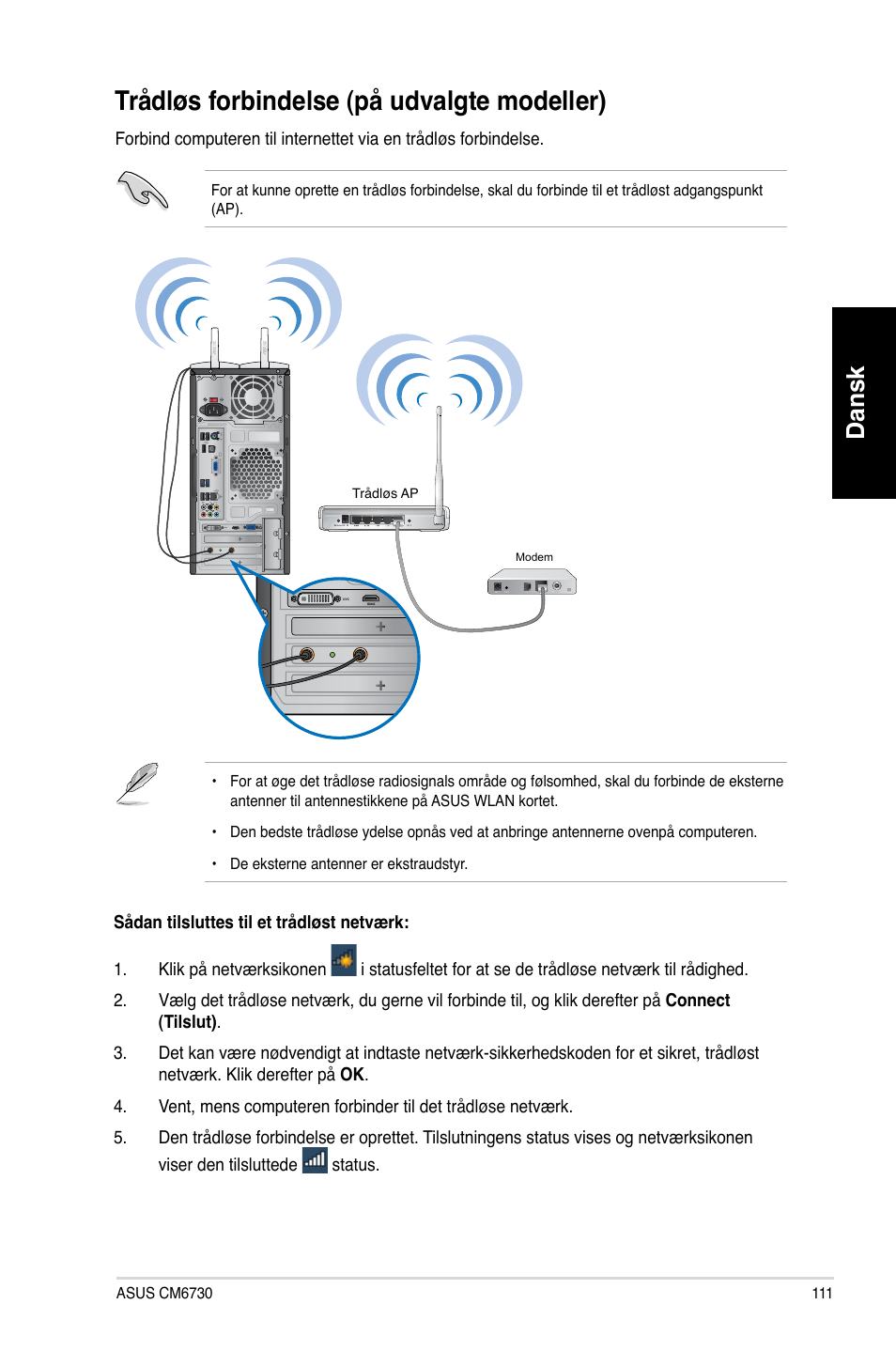 Trådløs forbindelse (på udvalgte modeller), Trådløs forbindelse �på udvalgte modeller, Dansk | Asus CM6730 User Manual | Page 111 / 330