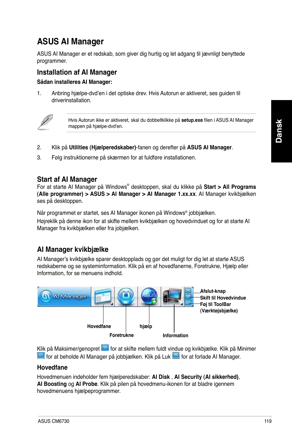 Asus ai manager, Dansk, Installation af ai manager | Start af ai manager, Ai manager kvikb�ælke | Asus CM6730 User Manual | Page 119 / 330