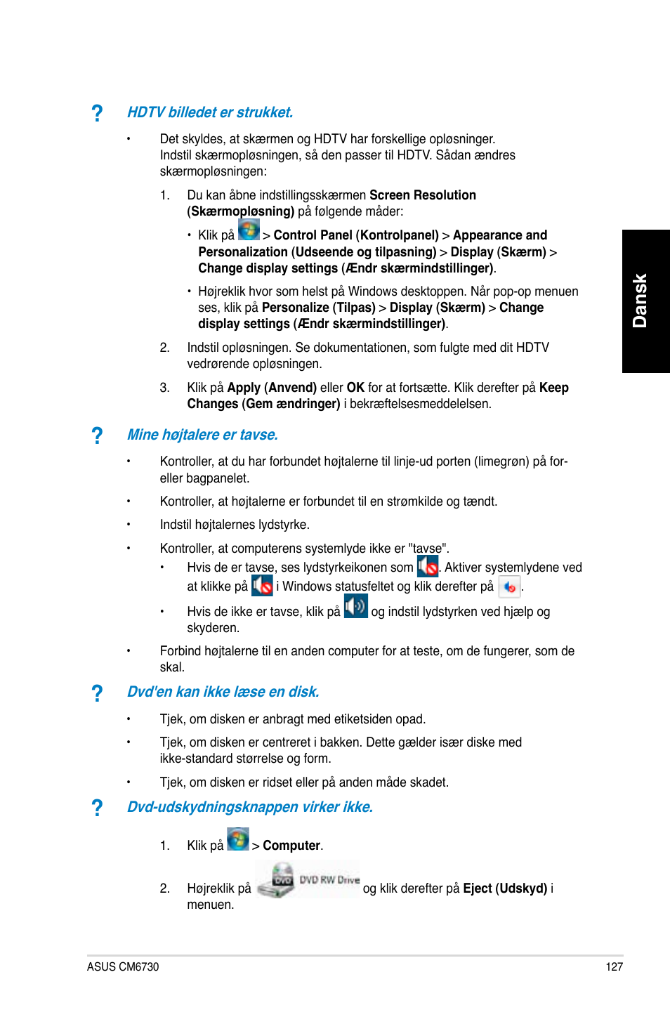 Dansk | Asus CM6730 User Manual | Page 127 / 330