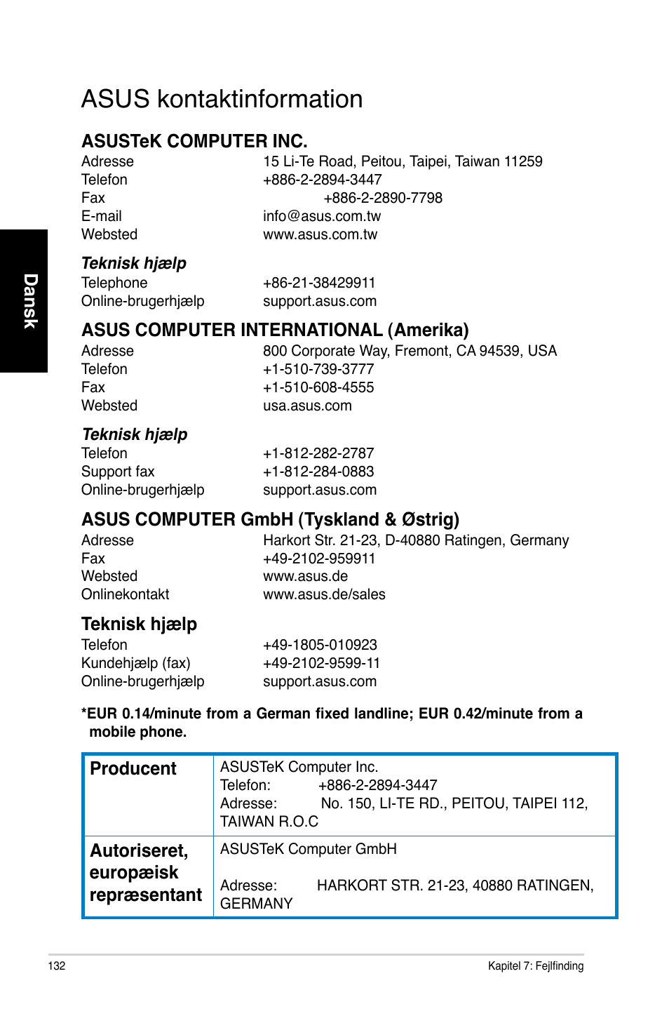 Asus kontaktinformation, Dansk, Asustek computer inc | Asus computer international �amerika, Asus computer gmbh �tyskland & østrig, Teknisk h�ælp, Producent, Autoriseret, europæisk repræsentant | Asus CM6730 User Manual | Page 132 / 330