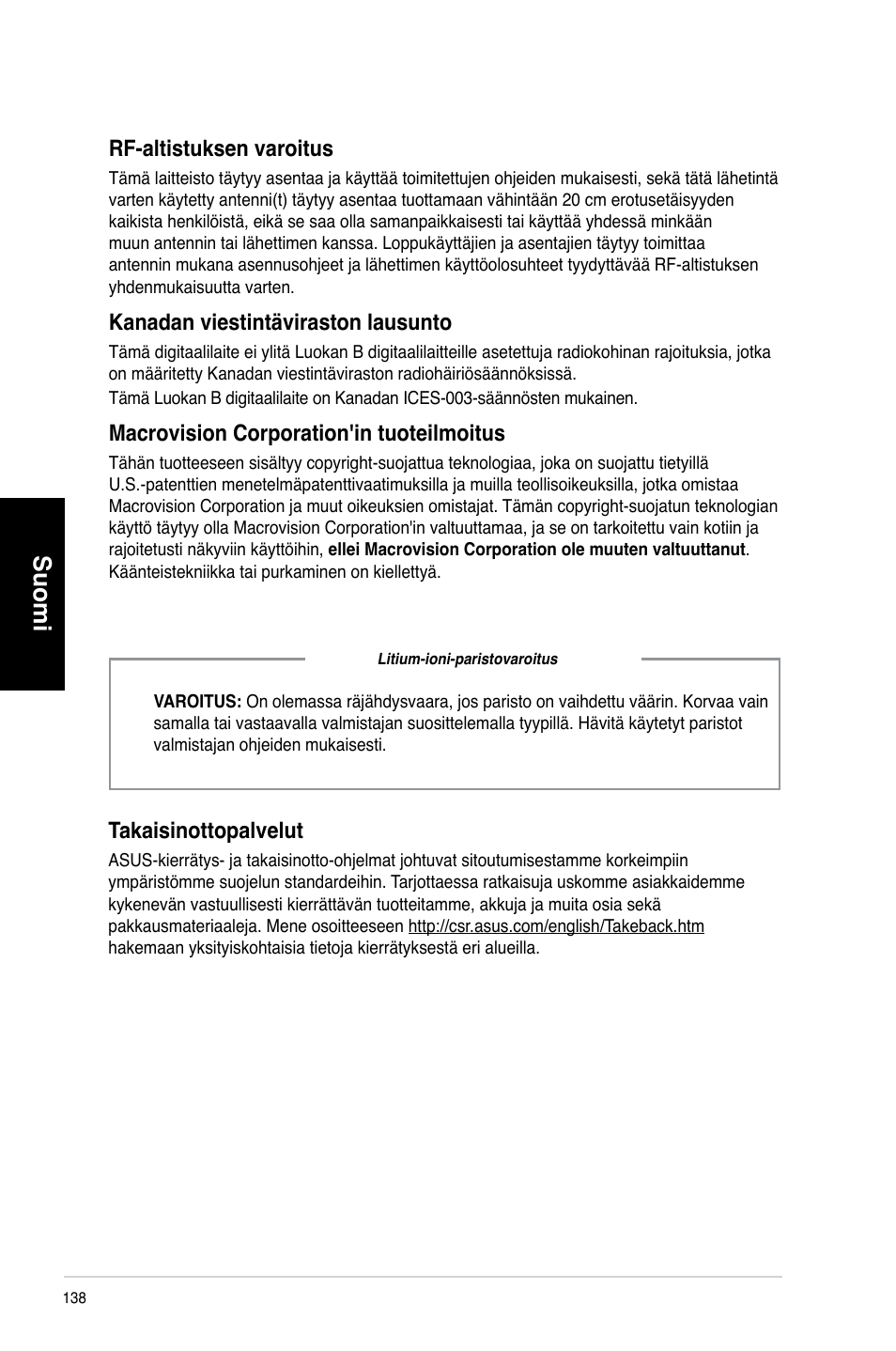Suomi, Rf-altistuksen varoitus, Kanadan viestintäviraston lausunto | Macrovision corporation'in tuoteilmoitus, Takaisinottopalvelut | Asus CM6730 User Manual | Page 138 / 330