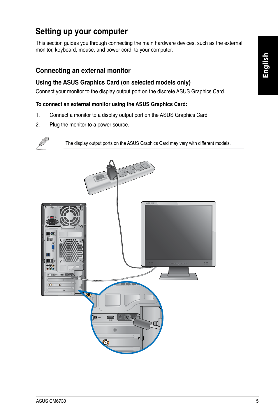 Setting up your computer, English, Connecting an external monitor | Asus CM6730 User Manual | Page 15 / 330