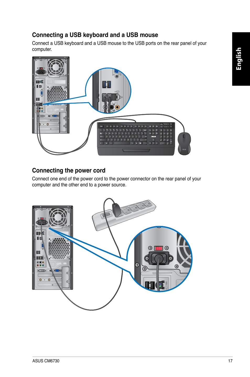 English, Connecting a usb keyboard and a usb mouse, Connecting the power cord | Asus CM6730 User Manual | Page 17 / 330