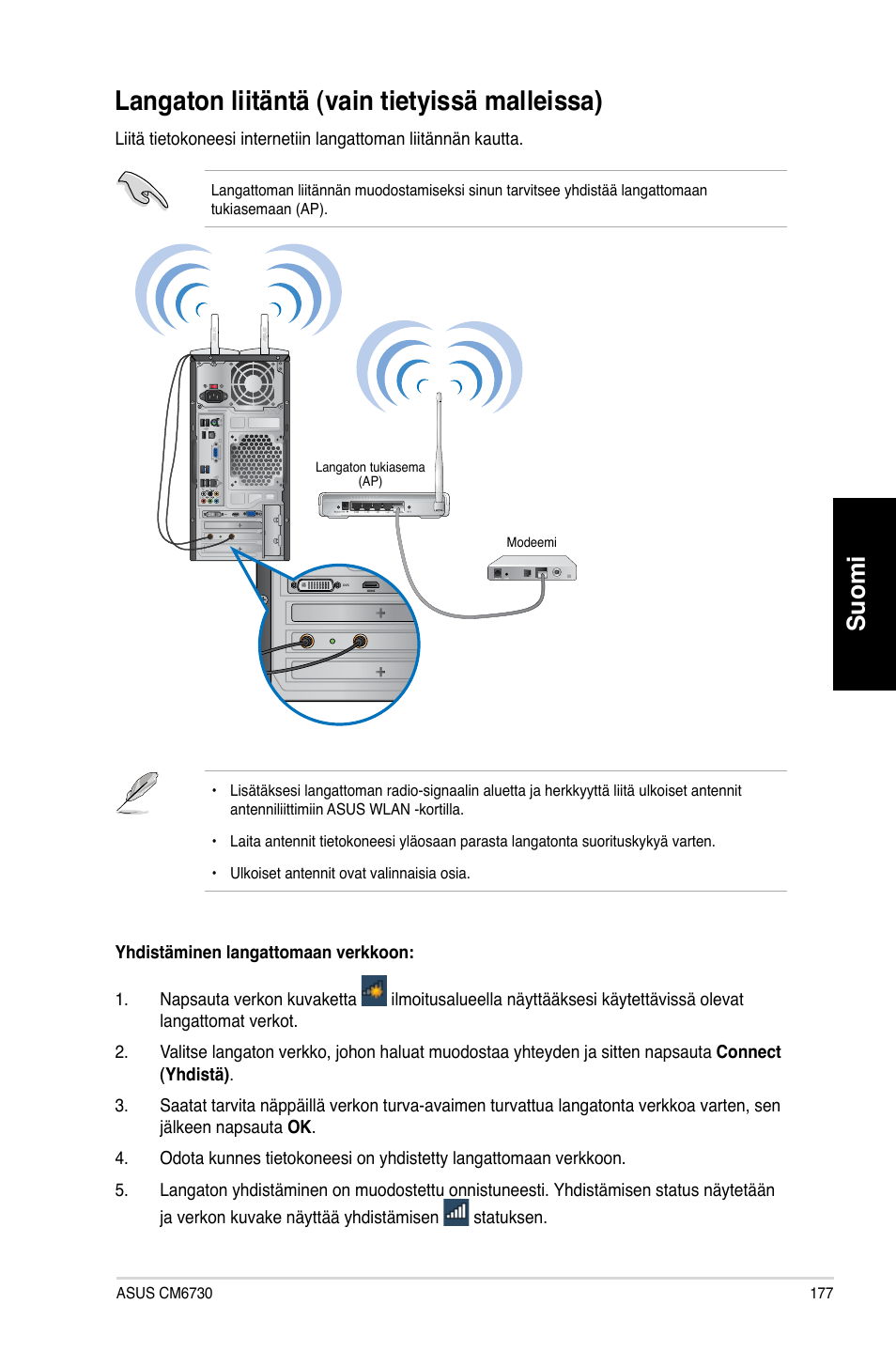 Langaton liitäntä (vain tietyissä malleissa), Langaton liitäntä �vain tietyissä malleissa, Suomi | Asus CM6730 User Manual | Page 177 / 330