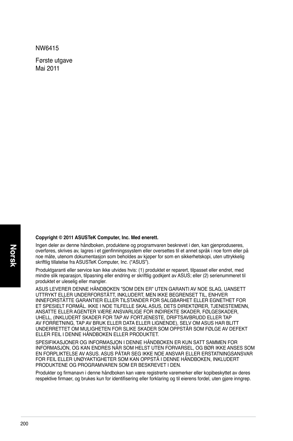 Norsk | Asus CM6730 User Manual | Page 200 / 330