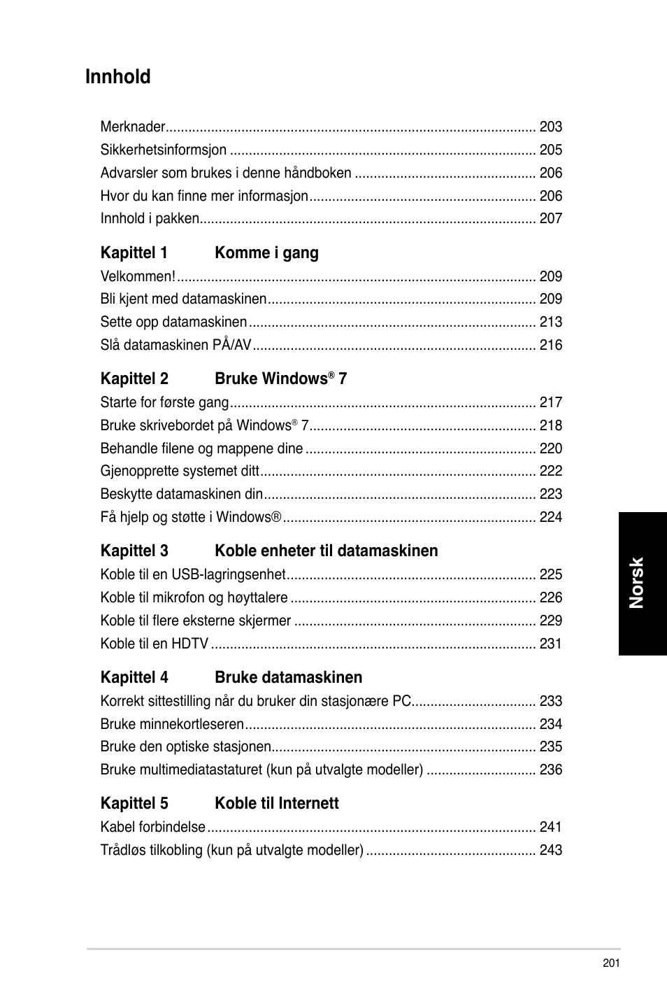 Innhold, Norsk | Asus CM6730 User Manual | Page 201 / 330