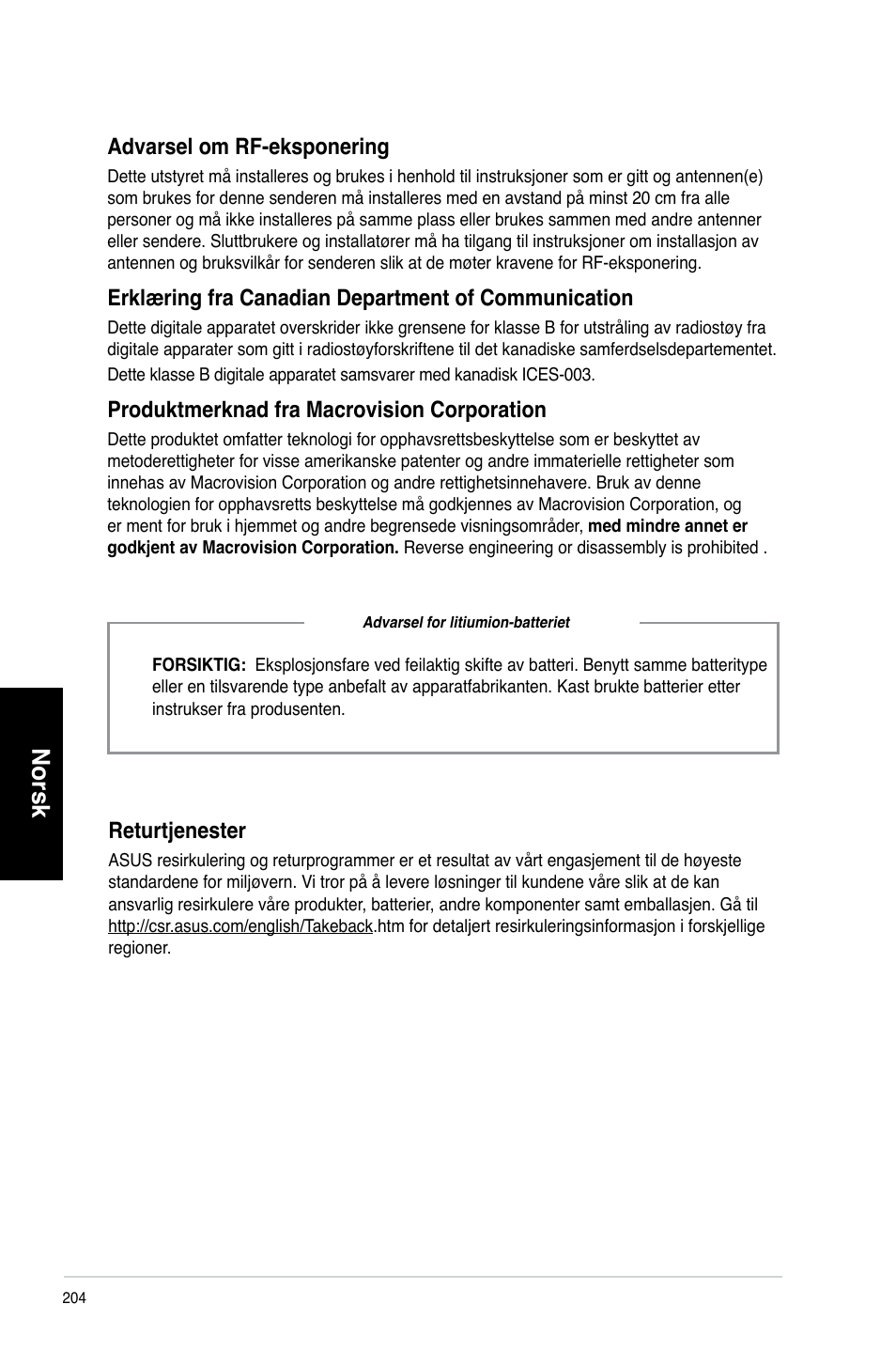 Norsk, Returt�enester, Advarsel om rf-eksponering | Erklæring fra canadian department of communication, Produktmerknad fra macrovision corporation | Asus CM6730 User Manual | Page 204 / 330