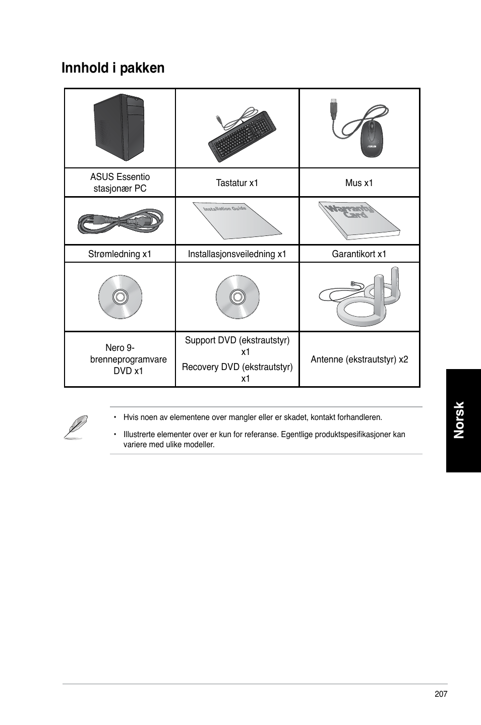 Innhold i pakken, Norsk | Asus CM6730 User Manual | Page 207 / 330
