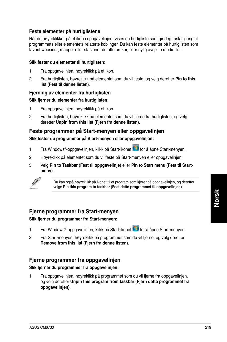 Norsk, F�erne programmer fra start-menyen, F�erne programmer fra oppgavelin�en | Asus CM6730 User Manual | Page 219 / 330