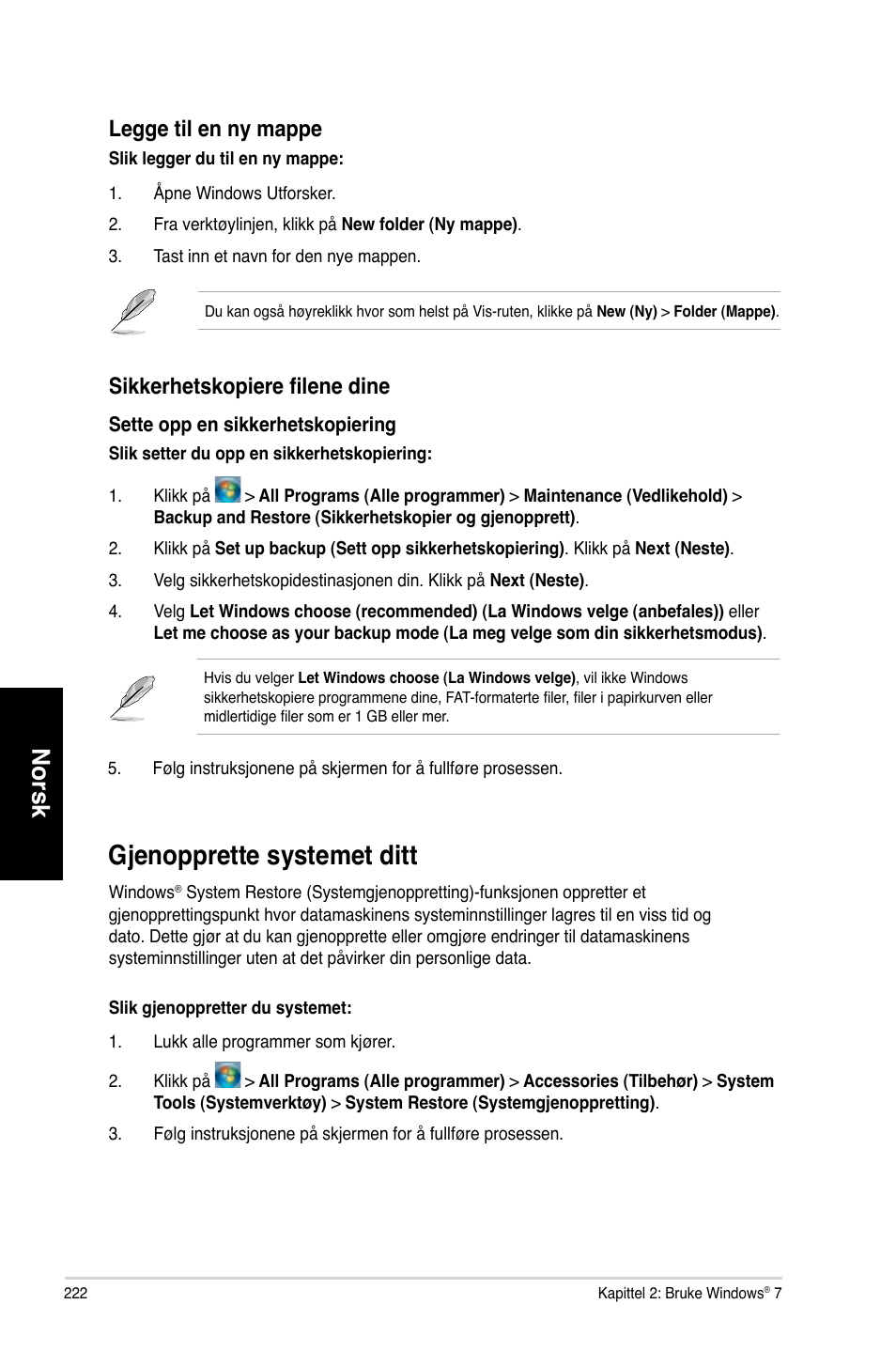 Gjenopprette systemet ditt, G�enopprette systemet ditt, Norsk | Legge til en ny mappe, Sikkerhetskopiere filene dine | Asus CM6730 User Manual | Page 222 / 330