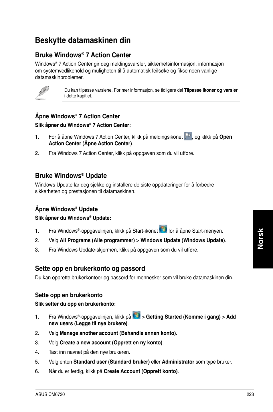 Beskytte datamaskinen din, Norsk, Bruke windows | 7 action center, Update, Sette opp en brukerkonto og passord | Asus CM6730 User Manual | Page 223 / 330