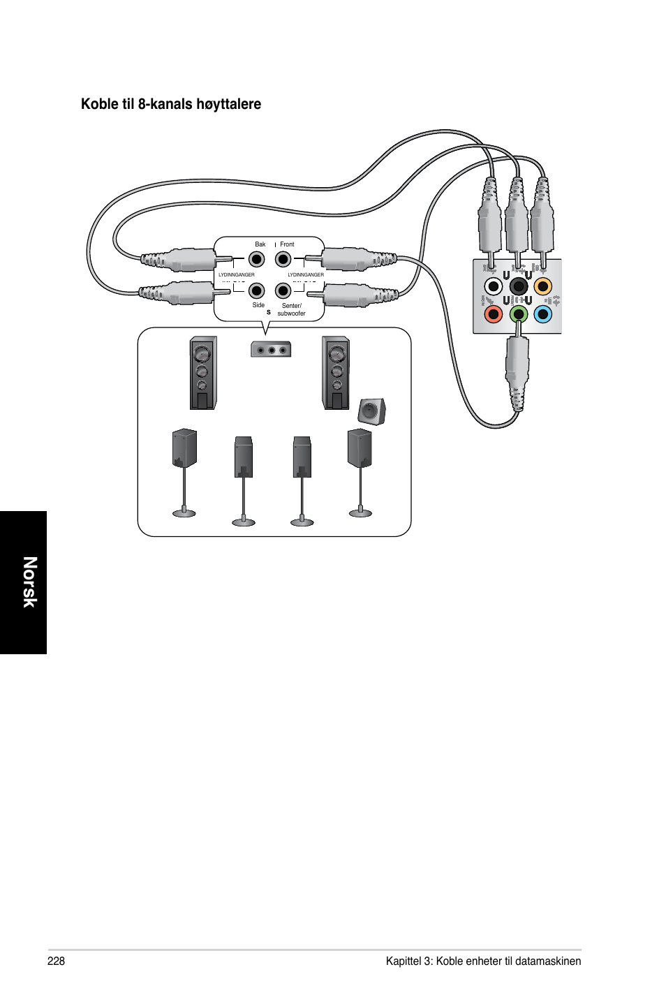 Norsk, Koble til 8-kanals høyttalere | Asus CM6730 User Manual | Page 228 / 330