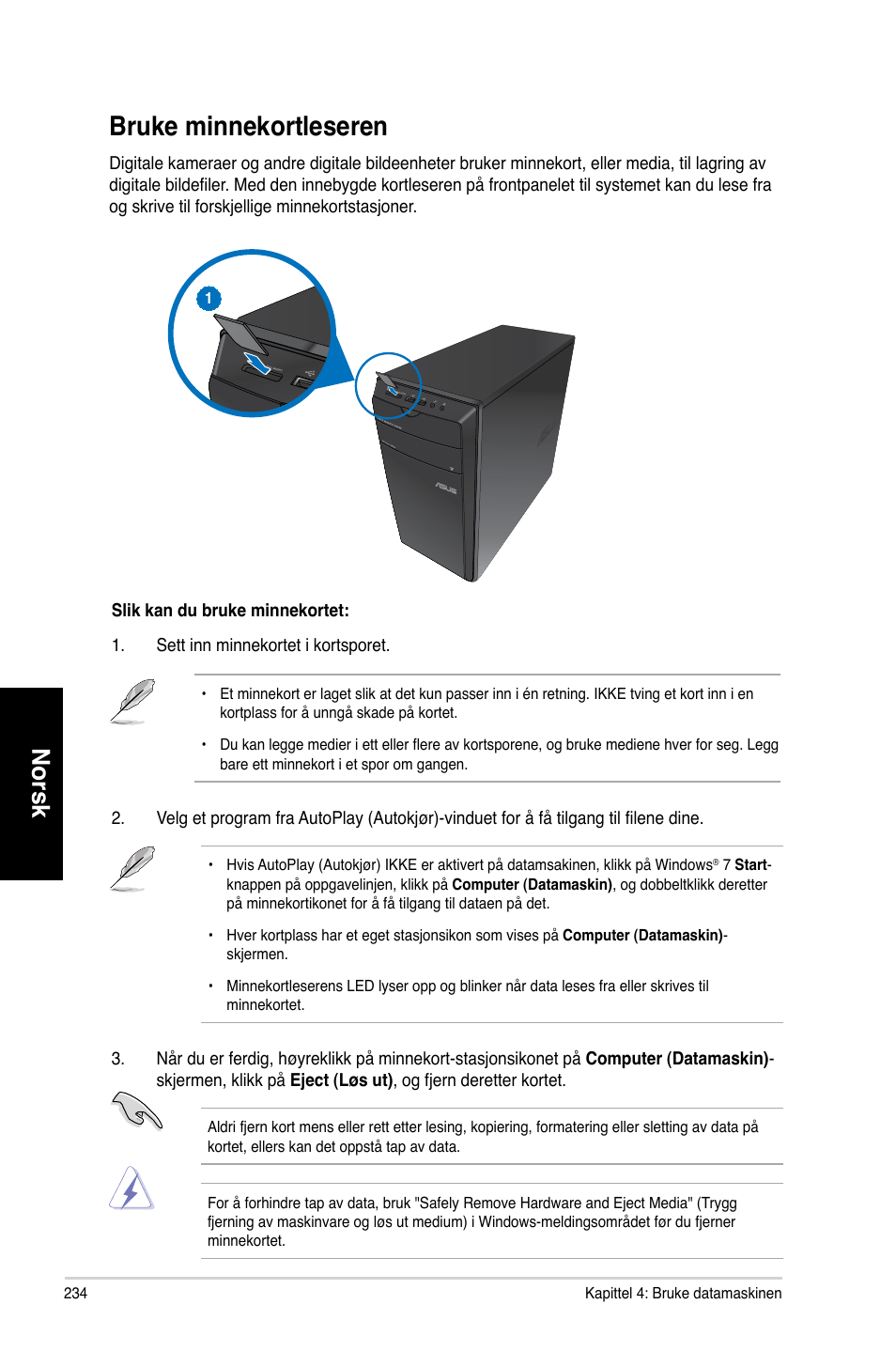 Bruke minnekortleseren, Norsk | Asus CM6730 User Manual | Page 234 / 330