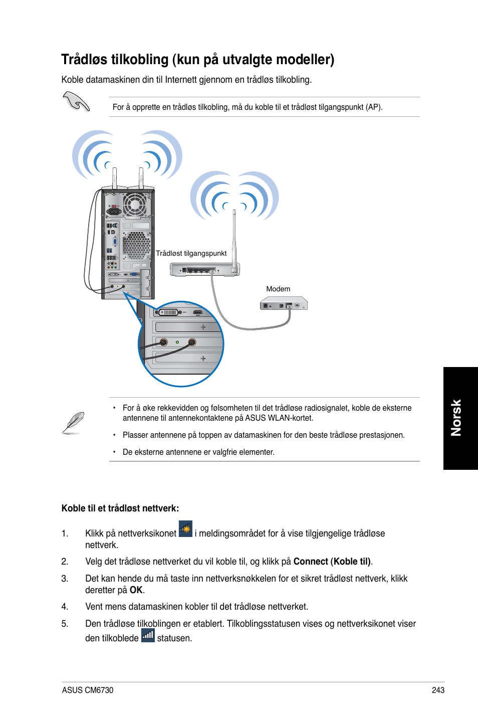 Trådløs tilkobling (kun på utvalgte modeller), Trådløs tilkobling �kun på utvalgte modeller, Norsk | Asus CM6730 User Manual | Page 243 / 330