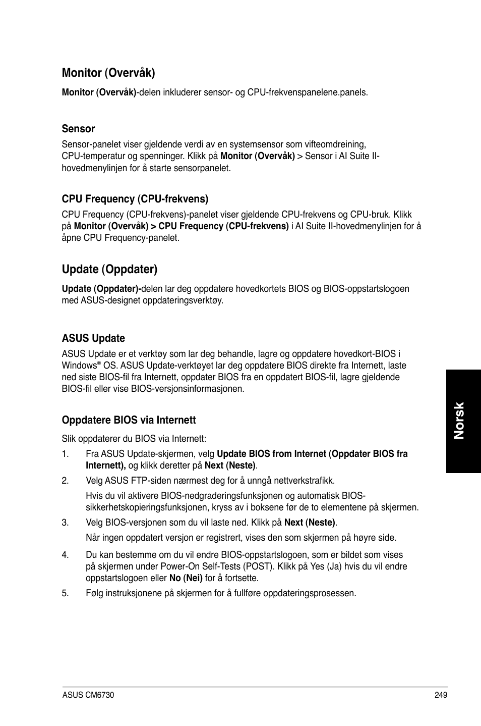 Norsk, Monitor �overvåk, Update �oppdater | Asus CM6730 User Manual | Page 249 / 330