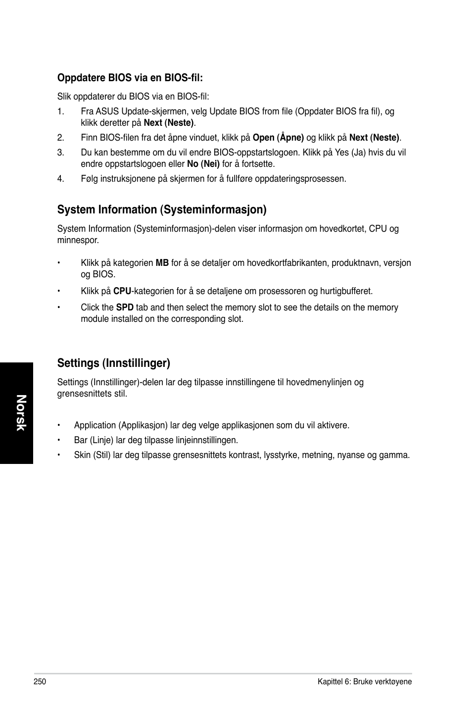 Norsk, Settings �innstillinger, System information �systeminformas�on | Asus CM6730 User Manual | Page 250 / 330