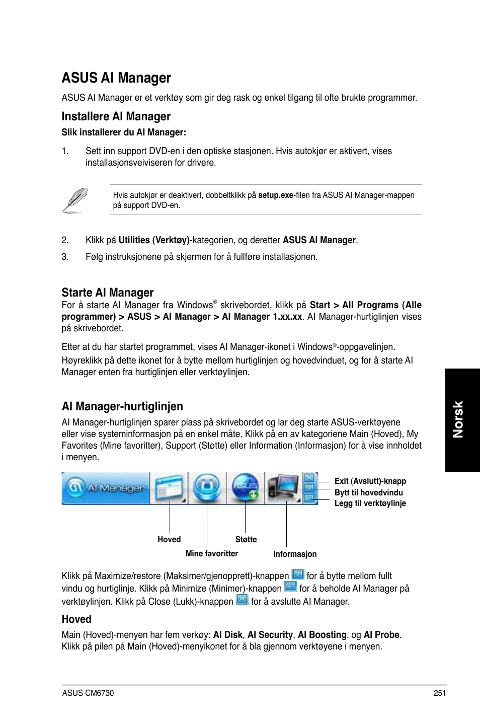 Asus ai manager, Norsk, Installere ai manager | Starte ai manager, Ai manager-hurtiglin�en | Asus CM6730 User Manual | Page 251 / 330