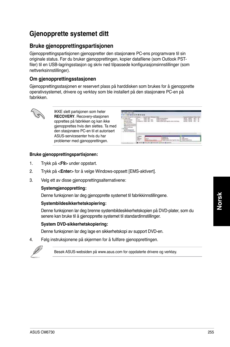 Gjenopprette systemet ditt, G�enopprette systemet ditt, Norsk | Bruke g�enopprettingspartis�onen | Asus CM6730 User Manual | Page 255 / 330