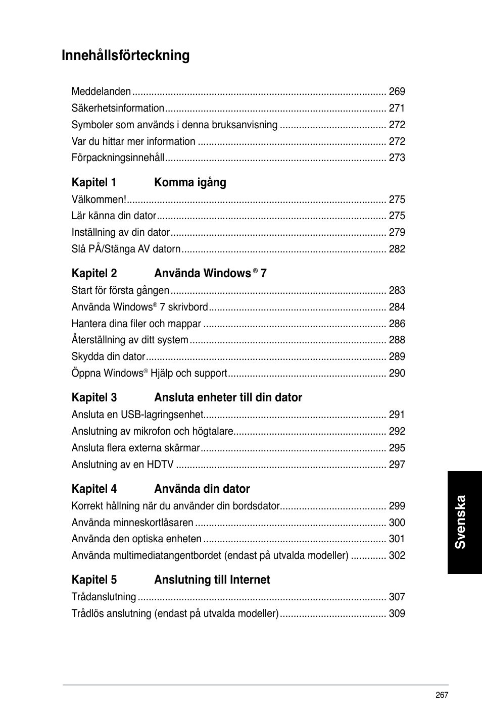 Innehållsförteckning, Svenska | Asus CM6730 User Manual | Page 267 / 330