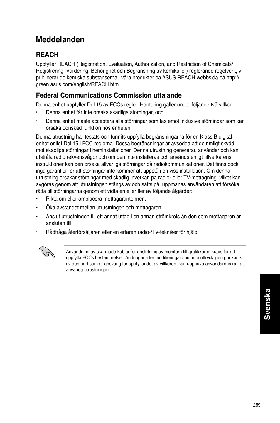 Meddelanden, Svenska, Reach | Federal communications commission uttalande | Asus CM6730 User Manual | Page 269 / 330