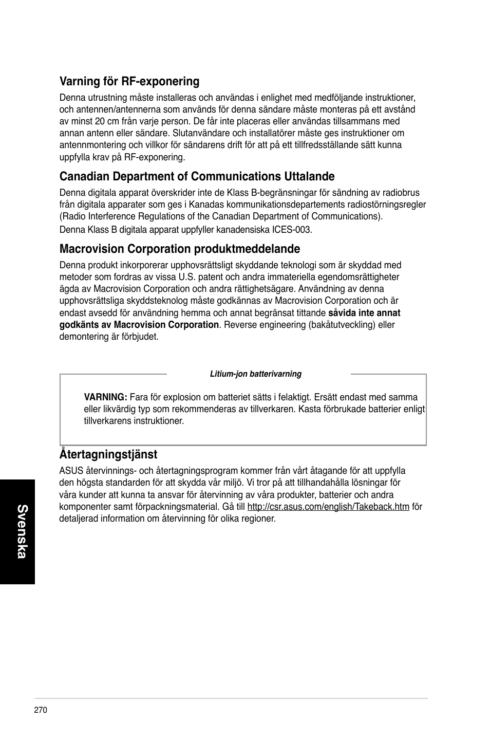 Svenska, Återtagningst�änst, Arning för rf-exponering | Canadian department of communications uttalande, Macrovision corporation produktmeddelande | Asus CM6730 User Manual | Page 270 / 330