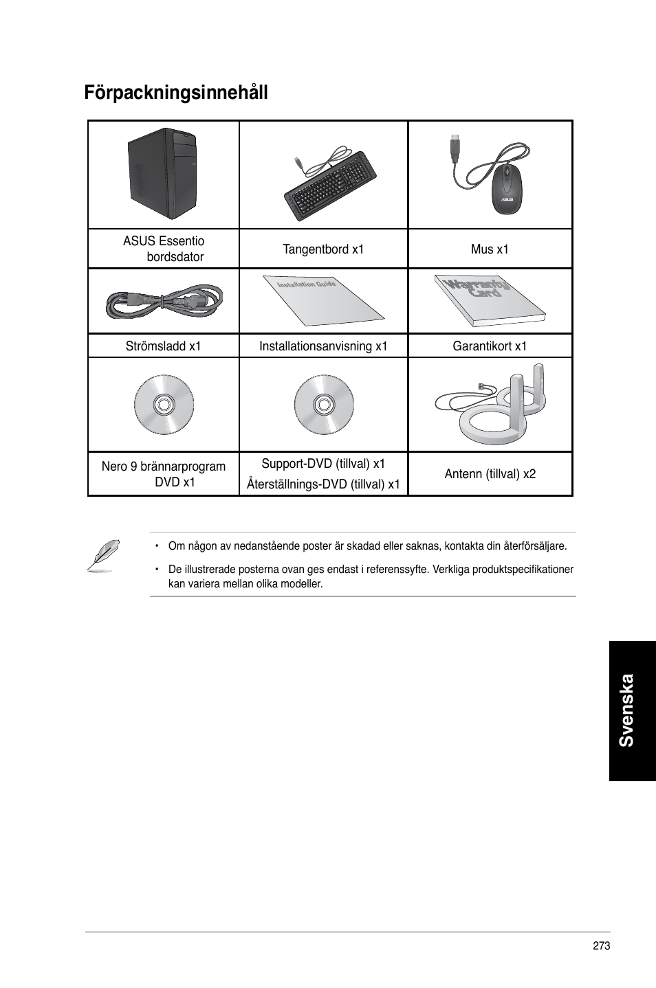 Förpackningsinnehåll, Svenska | Asus CM6730 User Manual | Page 273 / 330