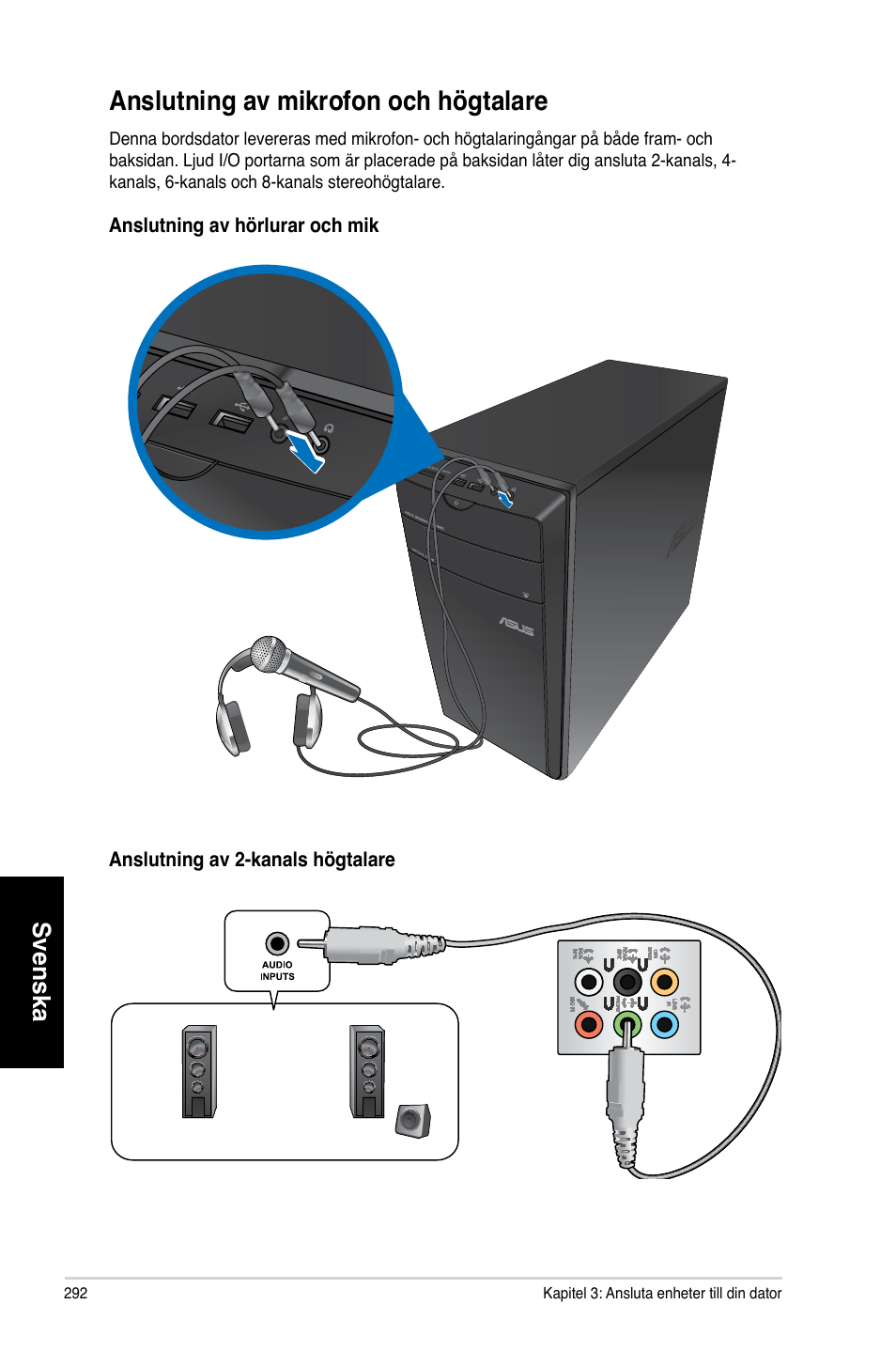 Anslutning av mikrofon och högtalare, Svenska | Asus CM6730 User Manual | Page 292 / 330