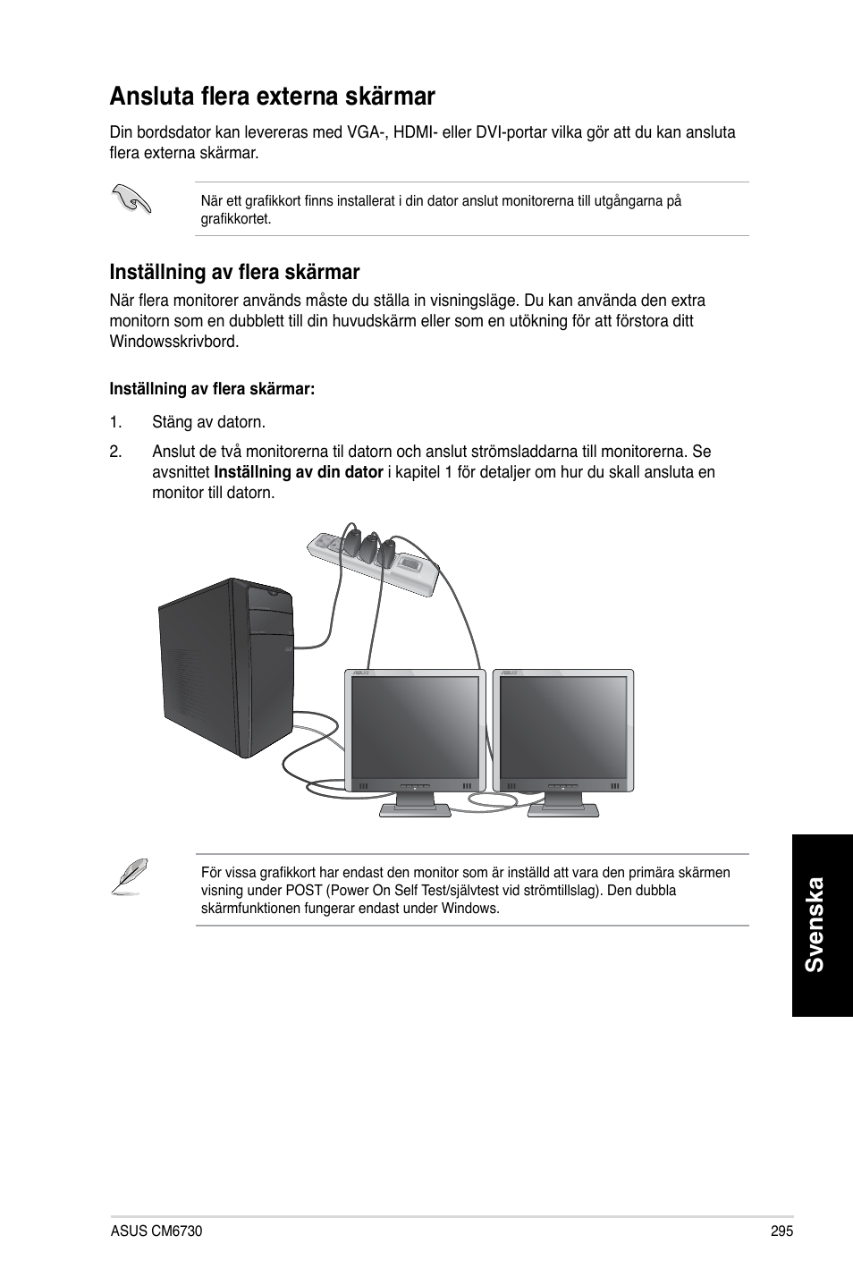 Ansluta flera externa skärmar, Ansluta flera externa sk��rmar, Svenska | Inst��llning av flera sk��rmar | Asus CM6730 User Manual | Page 295 / 330