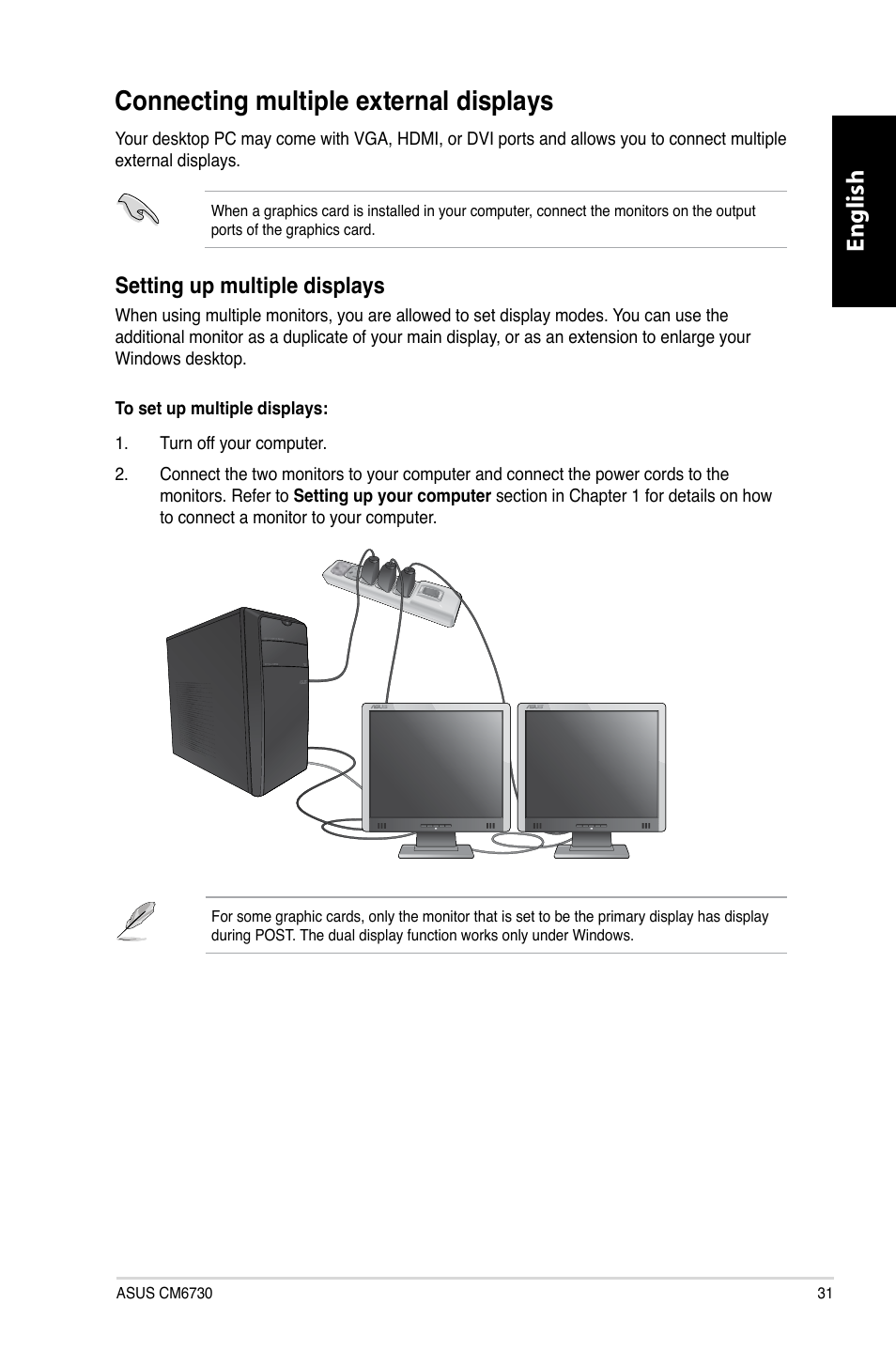 Connecting multiple external displays, English, Setting up multiple displays | Asus CM6730 User Manual | Page 31 / 330