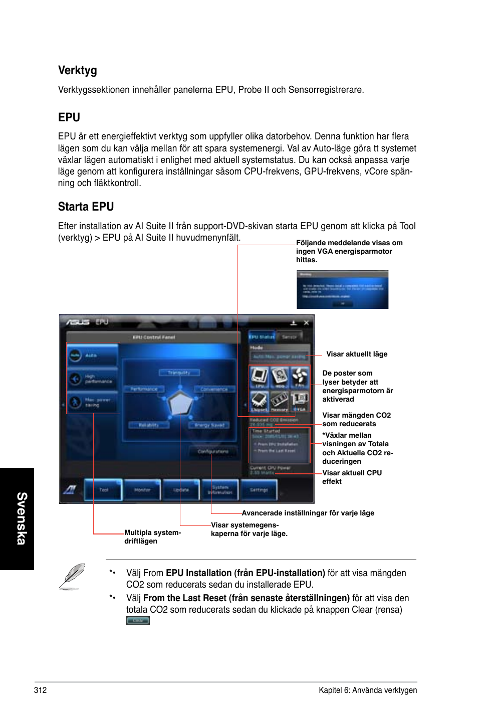 Svenska, Starta epu, Erktyg | Asus CM6730 User Manual | Page 312 / 330