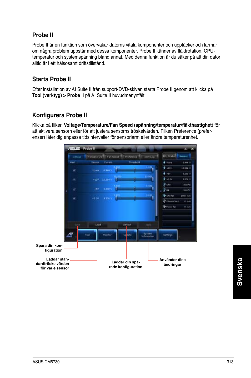 Svenska, Probe ii, Starta probe ii | Konfigurera probe ii | Asus CM6730 User Manual | Page 313 / 330